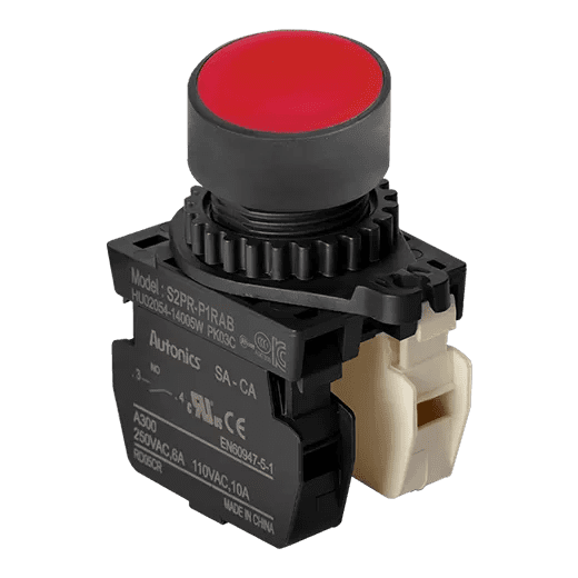 Autonics S2PR-P1RAB Red 22/25mm Non-Illuminated Momentary Push Button Switch, 1NO + 1NC Contacts, Industrial Control Panel Switch