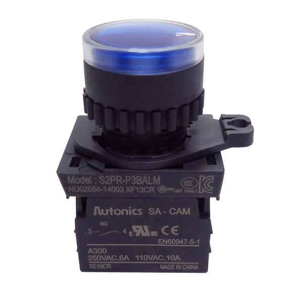 Autonics S2PR-P3BALM Blue 22/25mm Illuminated Momentary Push Button Switch, 1NO Contact, 110-220VAC LED, Industrial Control Panel Switch