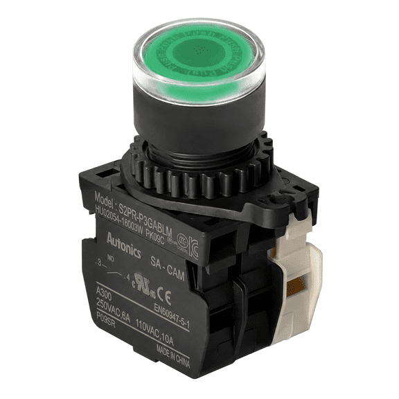 Autonics S2PR-P3GABLM Green 22/25mm Illuminated Momentary Push Button Switch, 1NO + 1NC Contacts, 110-220VAC LED, Industrial Control Panel Switch