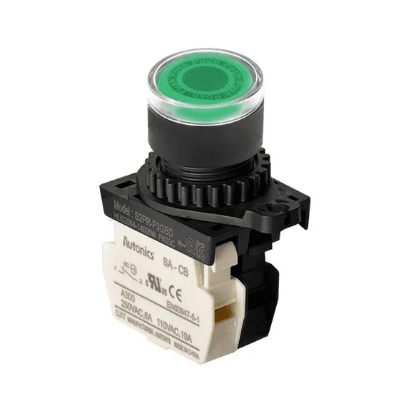 Autonics S2PR-P3GBL Green 22/25mm Illuminated Momentary Push Button Switch, 1NC Contact, 110-220VAC LED, Industrial Control Panel Switch