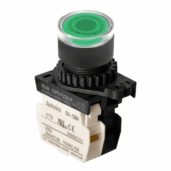 Autonics S2PR-P3GBLM Green 22/25mm Illuminated Momentary Push Button Switch, 1NC Contact, 110-220VAC LED, Industrial Control Panel Switch