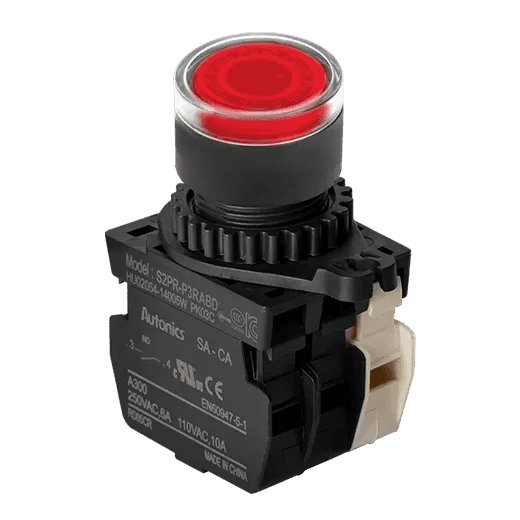 Autonics S2PR-P3RABL Red 22/25mm Illuminated Momentary Push Button Switch, 1NO + 1NC Contacts, 110-220VAC LED, Industrial Control Panel Switch