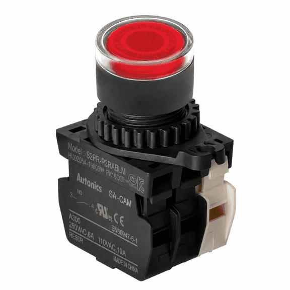 Autonics S2PR-P3RABLM Red 22/25mm Illuminated Momentary Push Button Switch, 1NO + 1NC Contacts, 110-220VAC LED, Industrial Control Panel Switch