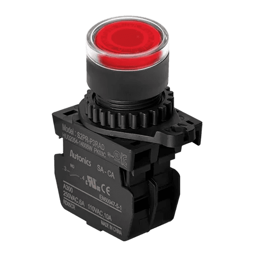 Autonics S2PR-P3RAD Red 22/25mm Illuminated Momentary Push Button Switch, 1NO Contact, 12-24VAC/DC LED, Industrial Control Panel Switch