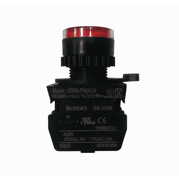 Autonics S2PR-P3RALM Red 22/25mm Illuminated Momentary Push Button Switch, 1NO Contact, 110-220VAC LED, Industrial Control Panel Switch