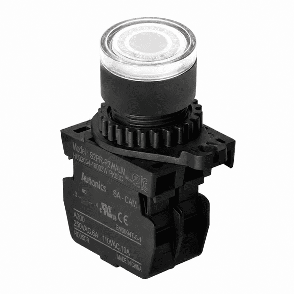 Autonics S2PR-P3WALM White 22/25mm Illuminated Momentary Push Button Switch, 1NO Contact, 110-220VAC LED, Industrial Control Panel Switch