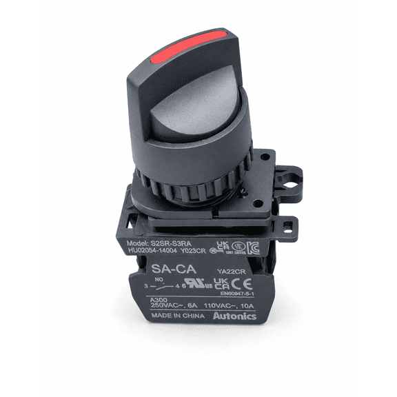 Autonics S2SR-S3RA Red 22/25mm Round Selector Switch, Short Lever, 2-Position Maintained, 1NO Contact, Industrial Control Panel Switch