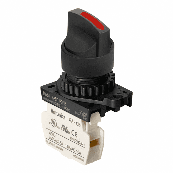 Autonics S2SR-S3RB Red 22/25mm Round Selector Switch, Short Lever, 2-Position Maintained, 1NC Contact, Industrial Control Panel Switch