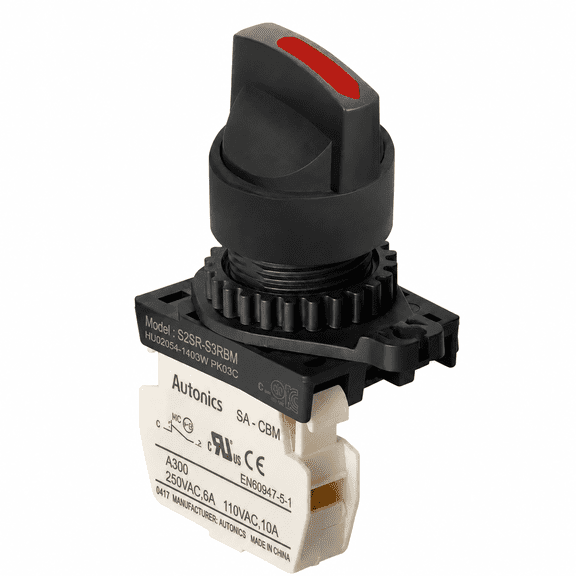 Autonics S2SR-S3RBM Red 22/25mm Round Selector Switch, Short Lever, 2-Position Maintained, 1NC Contact, Industrial Control Panel Switch