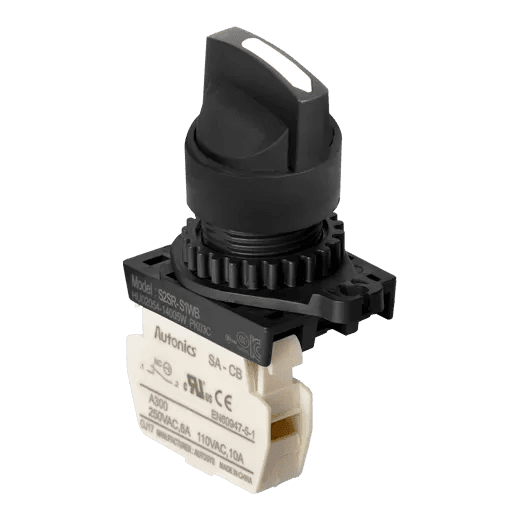 Autonics S2SR-S3WB White 22/25mm Round Selector Switch, Short Lever, 2-Position Maintained, 1NC Contact, Industrial Control Panel Switch