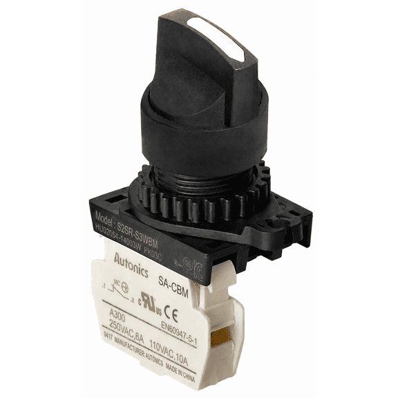 Autonics S2SR-S3WBM White 22/25mm Round Selector Switch, Short Lever, 2-Position Maintained, 1NC Contact, Industrial Control Panel Switch