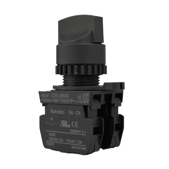 Autonics S2SR-S5W2A White 22/25mm Round Selector Switch, Short Lever, 3-Position Spring Return, 2NO Contacts, Industrial Control Panel Switch