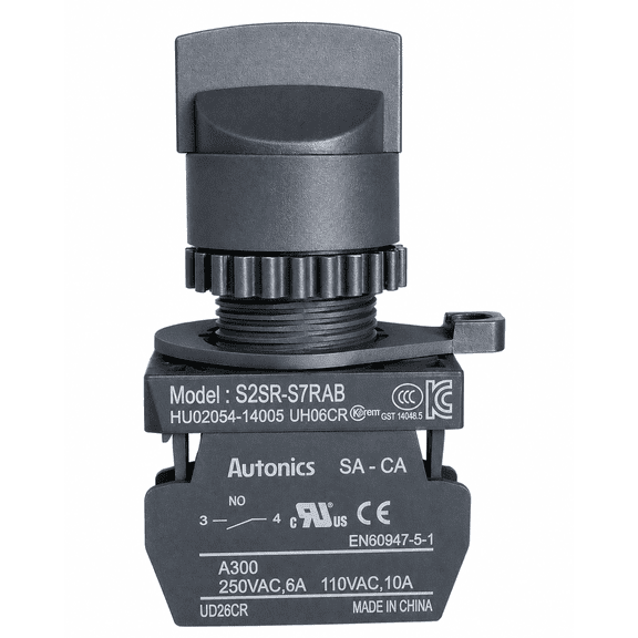 Autonics S2SR-S7RAB Red 22/25mm Round Selector Switch, Short Lever, 3-Position Maintained, 1NO + 1NC Contacts, Industrial Control Panel Switch