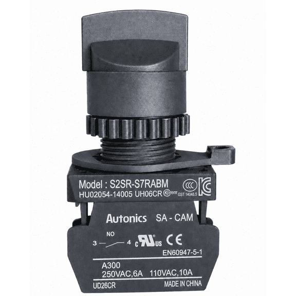 Autonics S2SR-S7RABM Red 22/25mm Round Selector Switch, Short Lever, 3-Position Maintained, 1NO + 1NC Contacts, Industrial Control Panel Switch