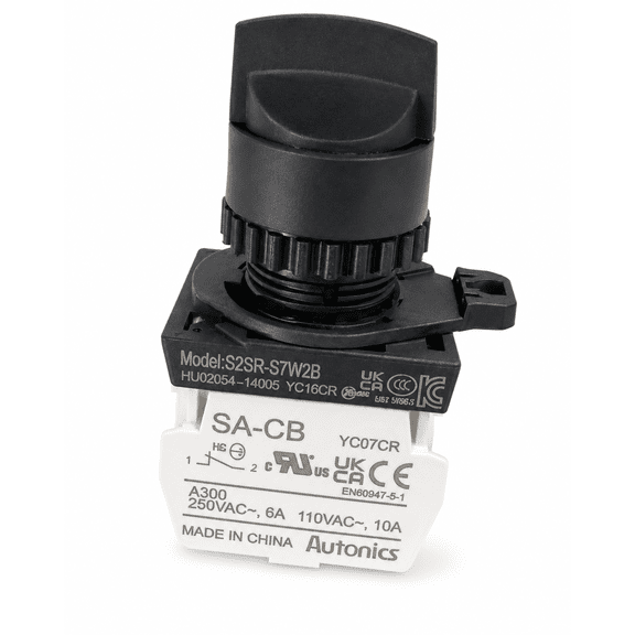 Autonics S2SR-S7W2B White 22/25mm Round Selector Switch, Short Lever, 3-Position Maintained, 2NC Contacts, Industrial Control Panel Switch