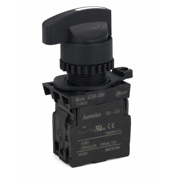 Autonics S2SR-S8WAB White 22/25mm Round Selector Switch, Long Lever, 3-Position Maintained, 1NO + 1NC Contacts, Industrial Control Panel Switch
