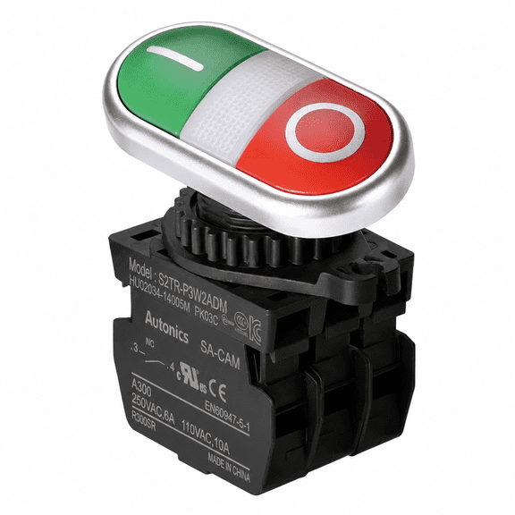 Autonics S2TR-P3W2ADM 22/25mm Illuminated Double Push Button Switch, Green ON / Red OFF, 2NO Contacts, 12-24VAC/DC LED