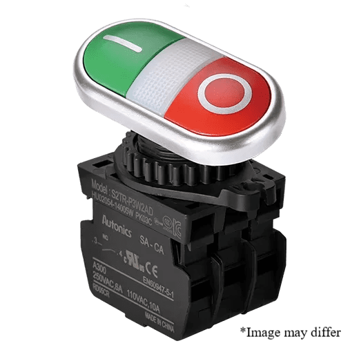 Autonics S2TR-P3W2AL 22/25mm Illuminated Double Push Button Switch, Green ON / Red OFF, 2NO Contacts, 110-220VAC LED