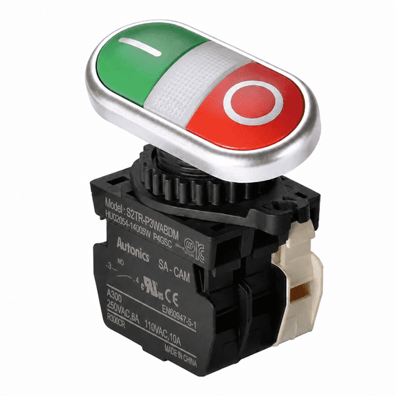 Autonics S2TR-P3WABDM 22/25mm Illuminated Double Push Button Switch, Green ON / Red OFF, 1NO + 1NC Contacts, 12-24VAC/DC LED