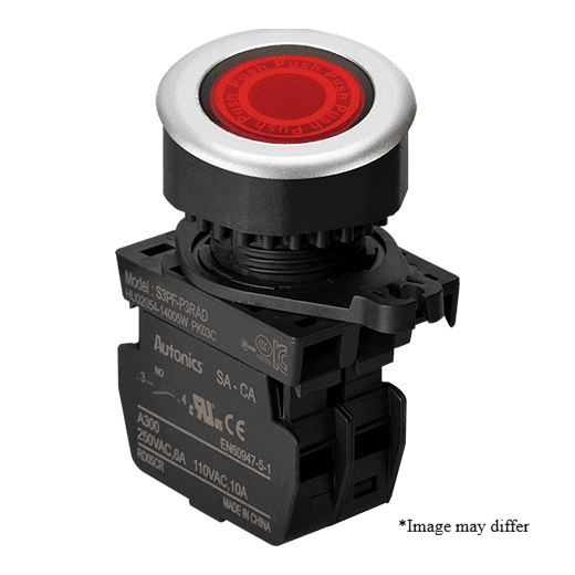 Autonics S3PF-P3RAL Red 30mm Illuminated Flush Push Button Switch, 1NO Contact, 110-220VAC LED, Industrial Control Panel Switch