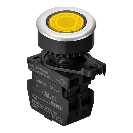 Autonics S3PF-P3YAL Yellow 30mm Illuminated Flush Push Button Switch, 1NO Contact, 110-220VAC LED, Industrial Control Panel Switch