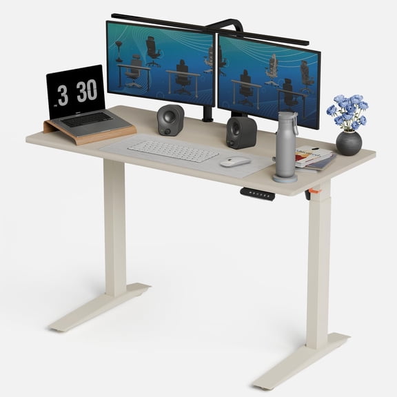 Autonomous Beige Electric Standing Desk 5 48×24 Inches, Adjustable Height Desk Stand Up Desk, Sit Stand 3 Memory Presets, Cable Tray for Home Office & Computer Workstation