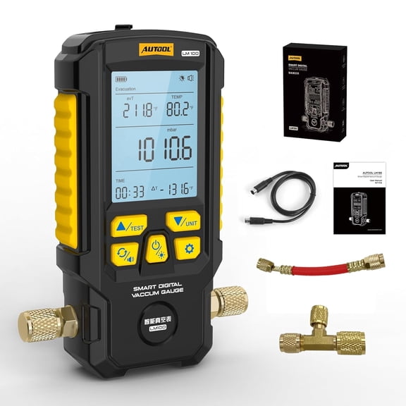 Autool LM100 Digital HVAC Vacuum Gauge, Digital Vacuum Gauge Set, Pressure Leak Test, 0-2000 mbar Range, 2% Accuracy, 7/16-20UNF Interface
