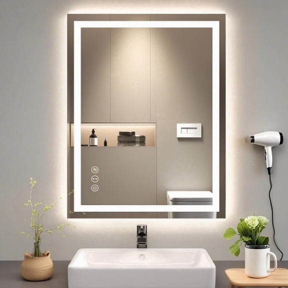 28"x20" LED AntiFog Bathroom Mirror with Memory Function, 3 Color Temperatures, Dimmable, Backlit and Front Lit, 3Year Warranty, Easy to Install