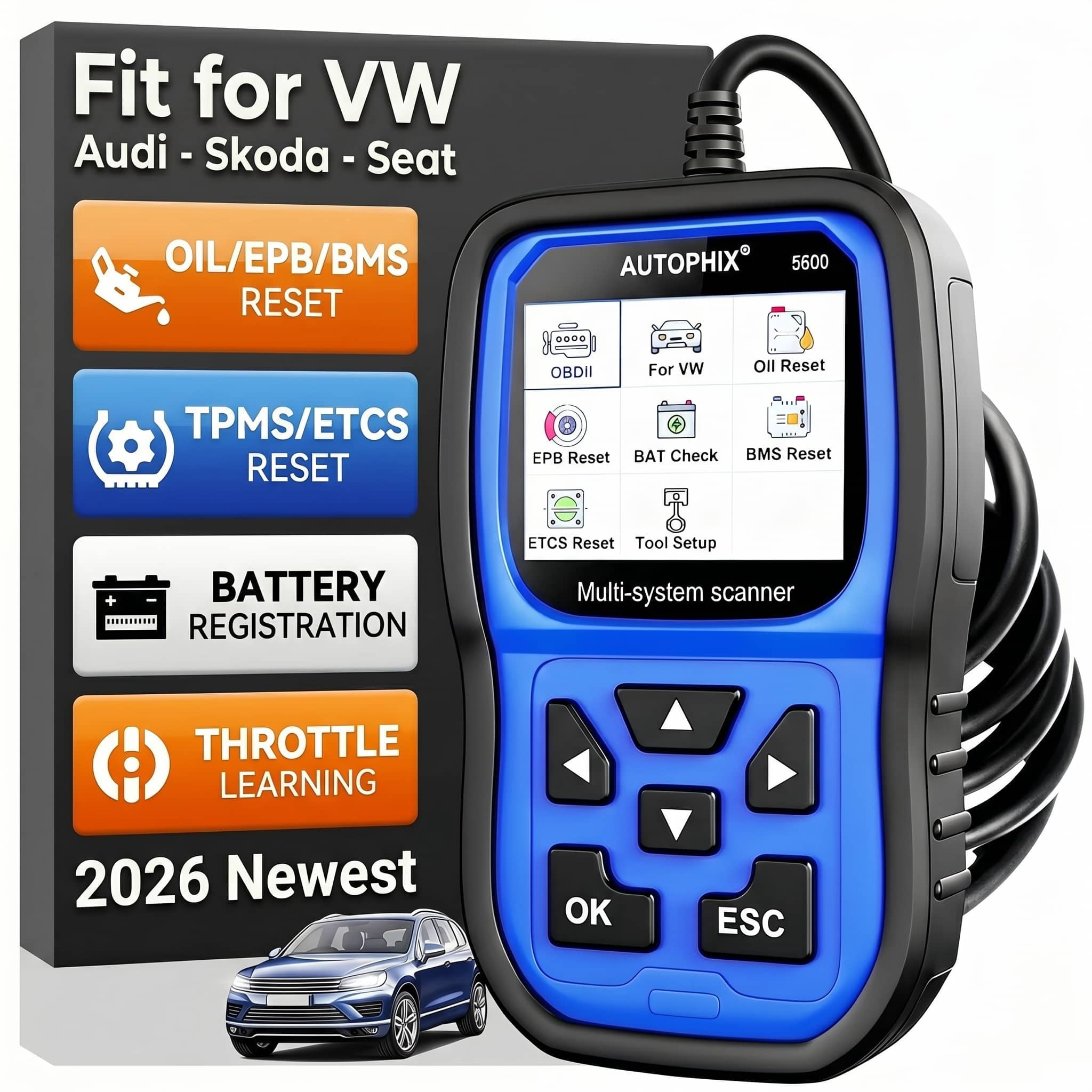 Autophix 5600 OBD2 Scanner Automotive Diagnostic Tool, ABS SRS EPB Engine Scan Tool Full System OBD2 Scanner Code Reader Fit For VW Audi Skoda