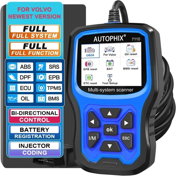 Open Box Autophix 7110 Car Scanner Fits for Volvo All Systems Code Reader OBD2 Scanner for Volvo Brand Vehicle TPMS Reset ABS Bleeding DPF Regeneration Oil Light Reset Full OBD Functions Automotive Scanner