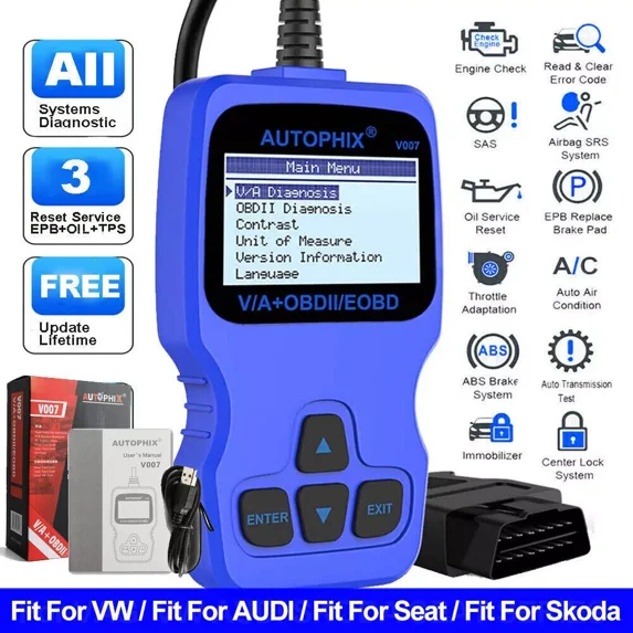 AUTOPHIX V007 Code Reader OBD2 Scanner Compatible with Volkswagen VW Audi Skoda Seat, Car Diagnostic Scan Tool with Engine ABS Airbag Transmission Code Reader Throttle Check Oil Brake Pad Reset