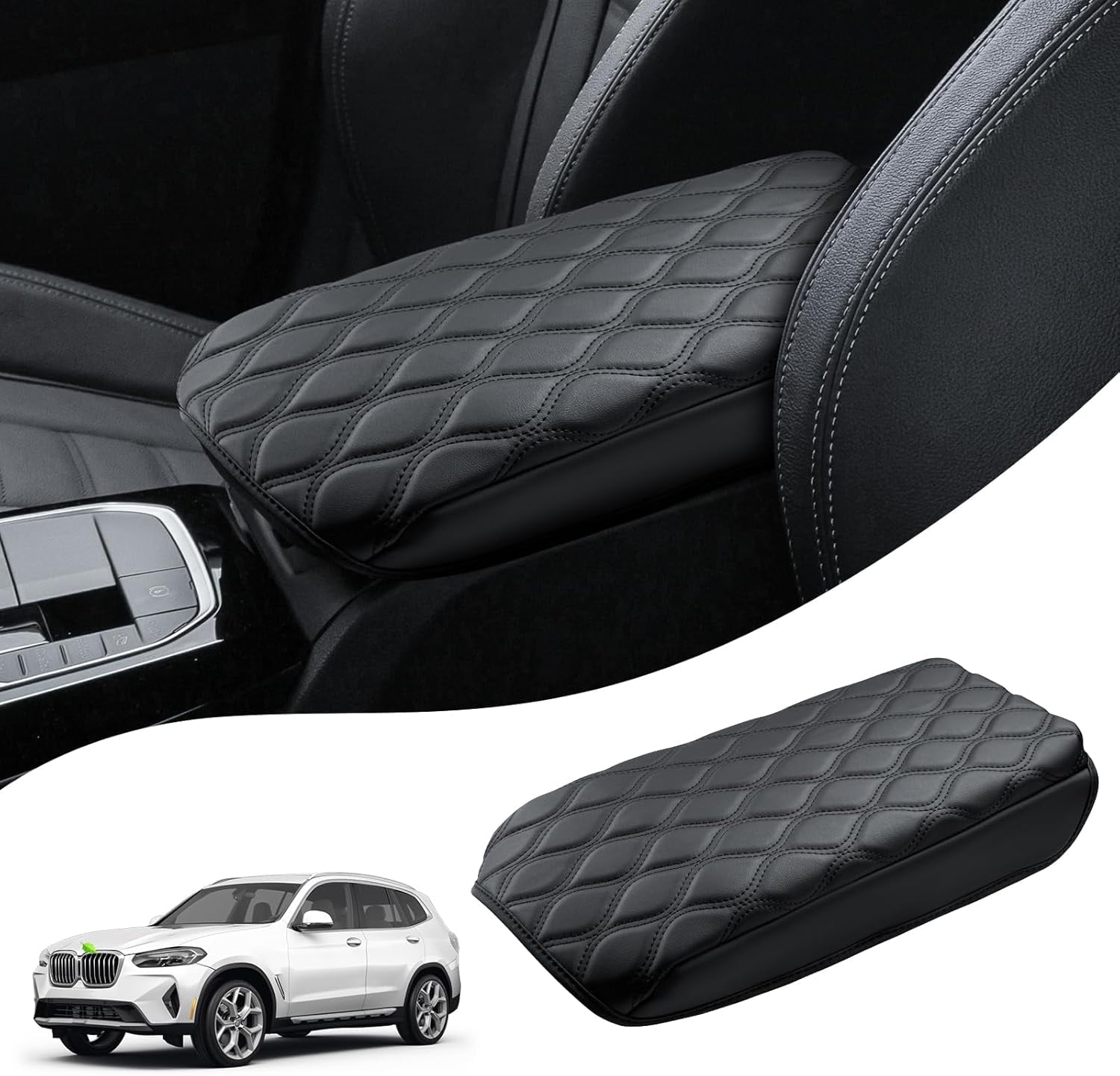 RAM 1500 Accessories ANMOSVO Center Console Armrest Cover For 2019-2024 Dodge RAM 1500/2500/3500 (Bucket Seat) - Black Faux Leather Car Interior Protection Cover