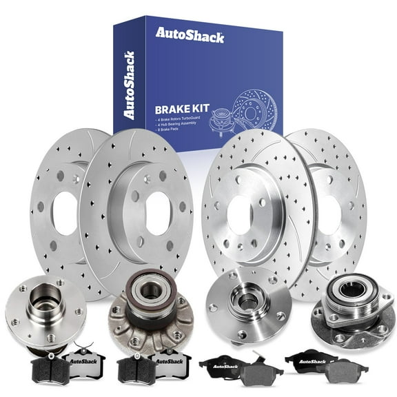 AutoShack Front & Rear Drilled Slotted Brake Rotors Ceramic Brake Pads Wheel Bearing Hub Assembly | Replacement for 2006 Volkswagen Golf 1.8L FWD | Silver Matte Finish | 16-PC Brake Kit | TurboGuard