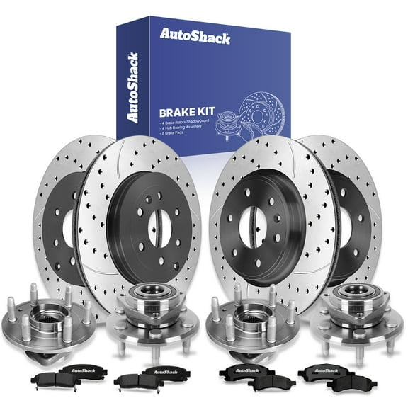 AutoShack Front & Rear Drilled & Slotted Brake Rotors Ceramic Brake Pads Wheel Bearing Hub Assembly | Replacement for Chevrolet Traverse GMC Acadia V6 | E-Coated | 16-PC Brake Kit | ShadowGuard
