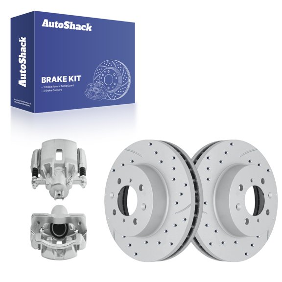AutoShack Front Vented Drilled & Slotted Coated Brake Rotors Silver Matte Finish + Calipers 4-PC Brake Kit Replacement for 2007-2008 Honda Fit 2003-2005 Honda Civic TurboGuard 10.31" (262 mm)