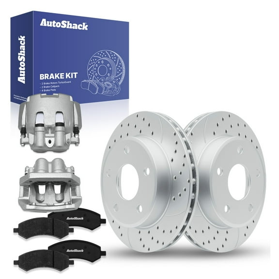AutoShack Front Vented Drilled & Slotted Coated Brake Rotors Silver Matte Finish + Ceramic Pads + Calipers 8-PC Brake Kit Replacement for 2005-2008 Dodge Dakota TurboGuard 12.28" (312 mm)