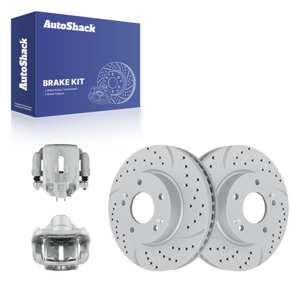 AutoShack Front Brake Rotors & Calipers for Kia, Rondo 2010-2012, FWD L4 2.4L V6 2.7L - Coated Drilled & Slotted - Silver Matte Finish - TurboGuard - 11.02" (280 mm), 5-Lug