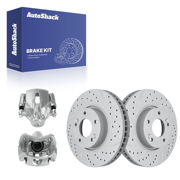 AutoShack Front Brake Rotors & Calipers for Kia, Forte 2010-2013 Forte Koup 2010-2013, FWD L4 2.0L - Coated Drilled & Slotted - Silver Matte Finish - TurboGuard - 11.02" (280 mm), 5-Lug