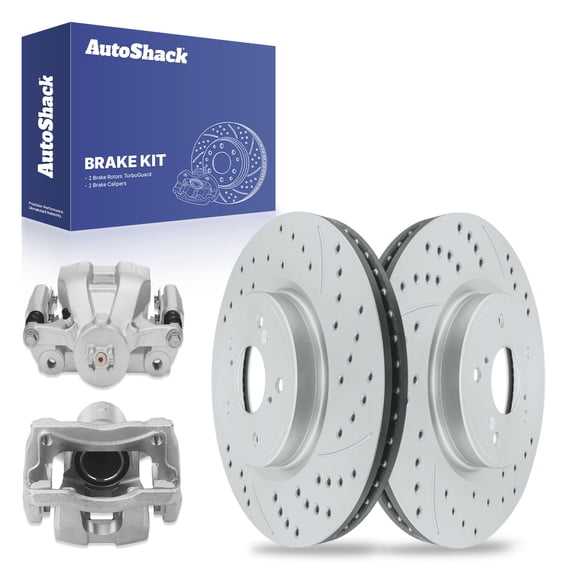 AutoShack 12.28" (312 mm) Front Vented Drilled & Slotted Brake Rotors Coated + Calipers | Replacement for 2017-2024 Honda CR-V 2023-2024 Honda HR-V | Silver Matte Finish | 4-PC Brake Kit | TurboGuard