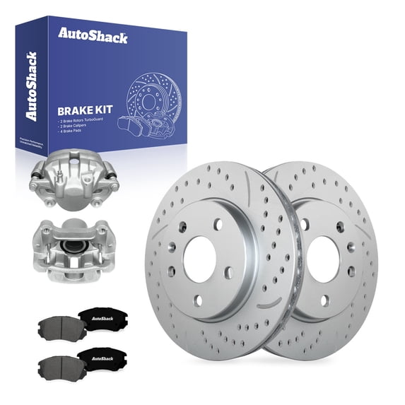 AutoShack Front Brake Rotors, Ceramic Pads & Calipers for Buick, LaCrosse 2015-2016, AWD FWD V6 3.6L - Coated Drilled & Slotted - Silver Matte Finish - TurboGuard - 11.65" (296 mm), 5-Lug