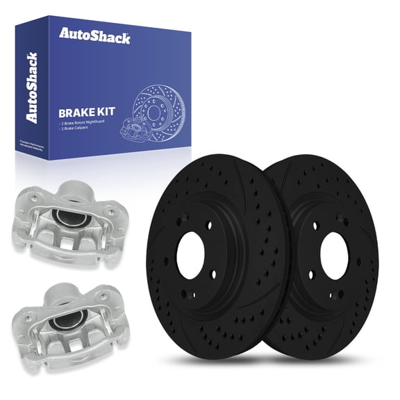 AutoShack 11.02" (280 mm) Front Vented Drilled & Slotted Brake Rotors E-Coated + Calipers | Replacement for 2005-2010 Kia Sportage | Black Finish | 4-PC Brake Kit | NightGuard