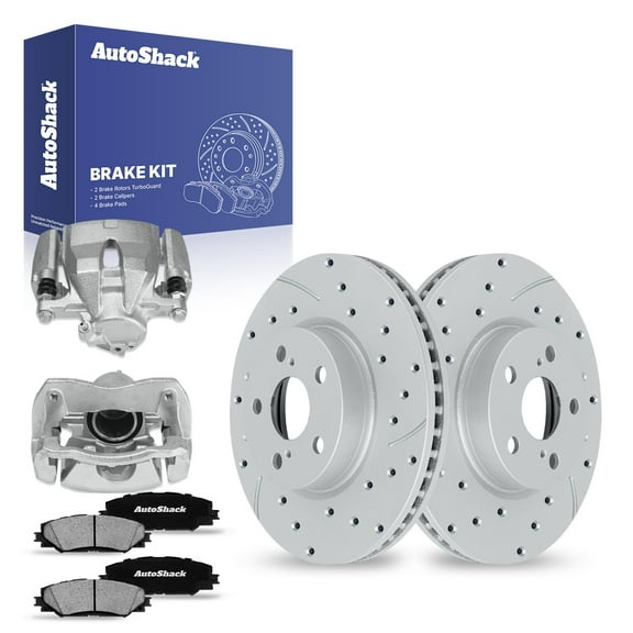 AutoShack Front Drilled & Slotted Brake Rotors Ceramic Brake Pads Calipers | Replacement for Scion xD Pontiac Vibe Toyota Matrix 2009-2019 Corolla | Silver Matte Finish | 8-PC Brake Kit | TurboGuard