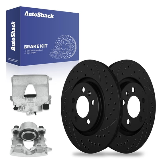 AutoShack 11.02" (280 mm) Front Vented Drilled & Slotted Brake Rotors E-Coated + Calipers | Replacement for 1998-2010 Volkswagen Beetle | Black Finish | 4-PC Brake Kit | NightGuard