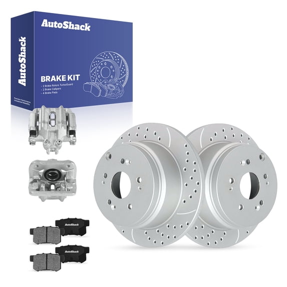 AutoShack Rear Brake Rotors, Ceramic Pads & Calipers for Honda, CR-V 2005-2006, 4WD FWD L4 2.4L - Coated Drilled & Slotted - Silver Matte Finish - TurboGuard - 11.99" (304.6 mm), 5-Lug