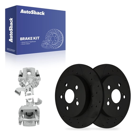 AutoShack Rear Brake Rotors & Calipers for Toyota, Prius 2010-2015 Prius Plug-In 2012-2015, FWD L4 1.8L - E-Coated Drilled & Slotted - Black Finish - NightGuard - 10.2" (259 mm), 5-Lug