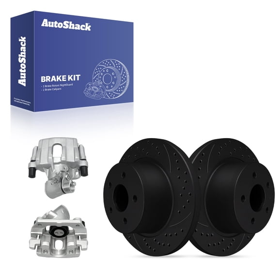 AutoShack Rear Brake Rotors & Calipers for Ford, Escape 2013-2016 C-Max 2013-2018, FWD AWD L4 1.6L 2.0L 2.5L - E-Coated Drilled & Slotted - Black Finish - NightGuard - 11.02" (280 mm), 5-Lug