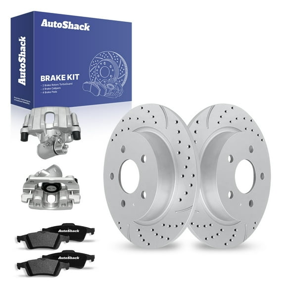 AutoShack Rear Solid Drilled & Slotted Coated Brake Rotors Silver Matte Finish + Ceramic Pads + Calipers 8-PC Brake Kit Replacement for 2013-2016 Ford Escape TurboGuard 11.02" (280 mm)