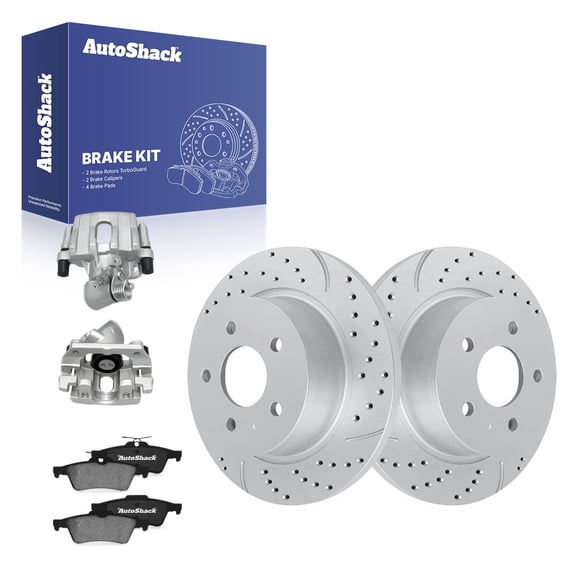 AutoShack Rear Brake Rotors, Ceramic Pads & Calipers for Ford, C-Max 2013-2018, FWD L4 2.0L - Coated Drilled & Slotted - Silver Matte Finish - TurboGuard - 11.02" (280 mm), 5-Lug