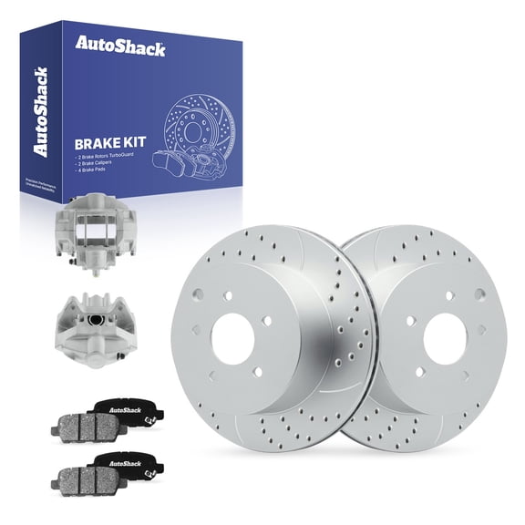 AutoShack Rear Brake Rotors, Ceramic Pads & Calipers for INFINITI, Q60 2014, AWD RWD V6 3.7L - Coated Drilled & Slotted - Silver Matte Finish - TurboGuard - 12.13" (308 mm), 5-Lug