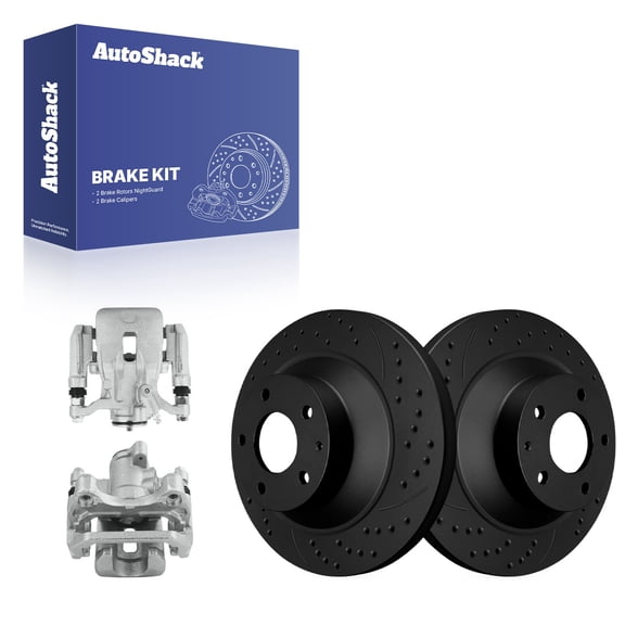 AutoShack Rear Brake Rotors & Calipers for Mazda, CX-5 2016-2025, AWD FWD L4 2.0L 2.2L 2.5L - E-Coated Drilled & Slotted - Black Finish - NightGuard - 11.91" (302.5 mm), 5-Lug